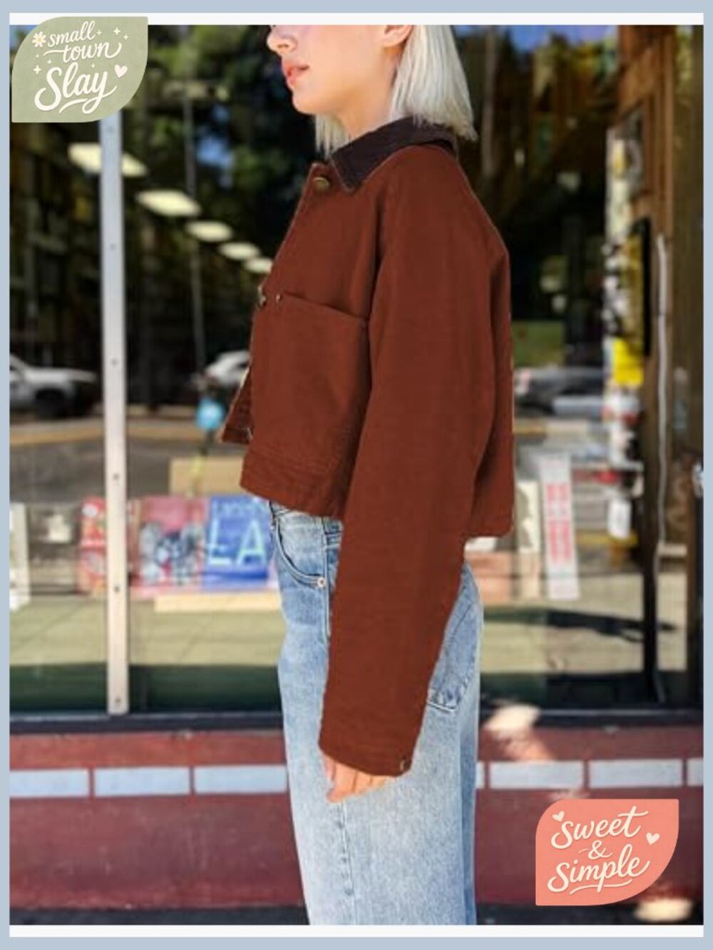 Women's Cropped Corduroy Collar Barn Jacket Button Down Long Sleeve - Picture 3 of 7